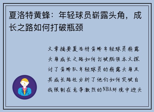 夏洛特黄蜂：年轻球员崭露头角，成长之路如何打破瓶颈