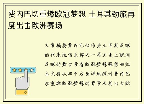 费内巴切重燃欧冠梦想 土耳其劲旅再度出击欧洲赛场