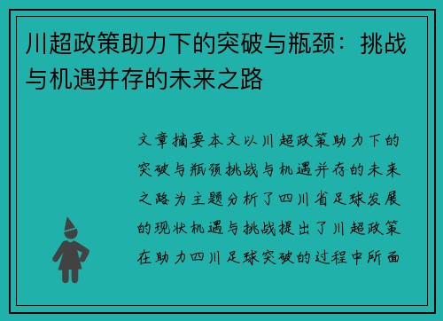 川超政策助力下的突破与瓶颈：挑战与机遇并存的未来之路