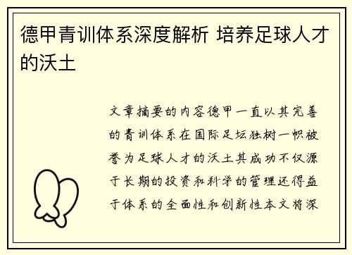 德甲青训体系深度解析 培养足球人才的沃土